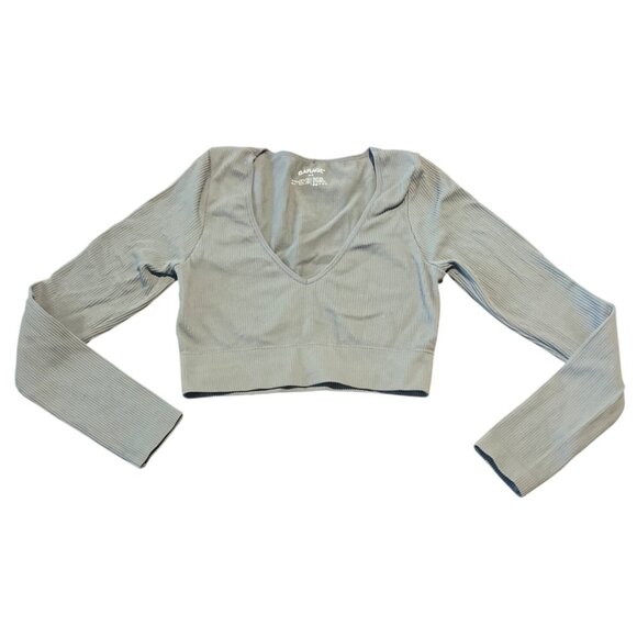 Garage Womens Ribbed Long Sleeve V-Neck Crop Top P/S Nylon Spandex - Picture 1 of 5